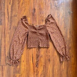 Brown Rust Colour Smocked Floral Long-Sleeve Crop Top